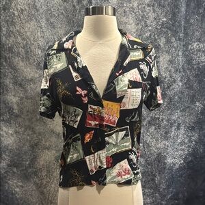 Reformation Black and Cream Graphic Button Down Shirt